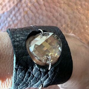 Black Leather Wristband with Crystal Detail